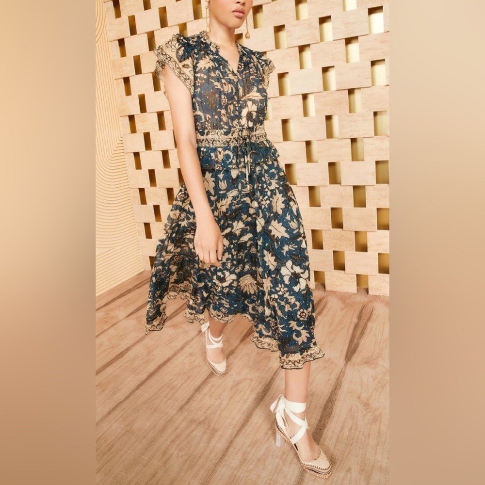 ULLA JOHNSON Emine Midi Dress Moonlight Floral Size 2 Silk Ruffle Sheer Metallic